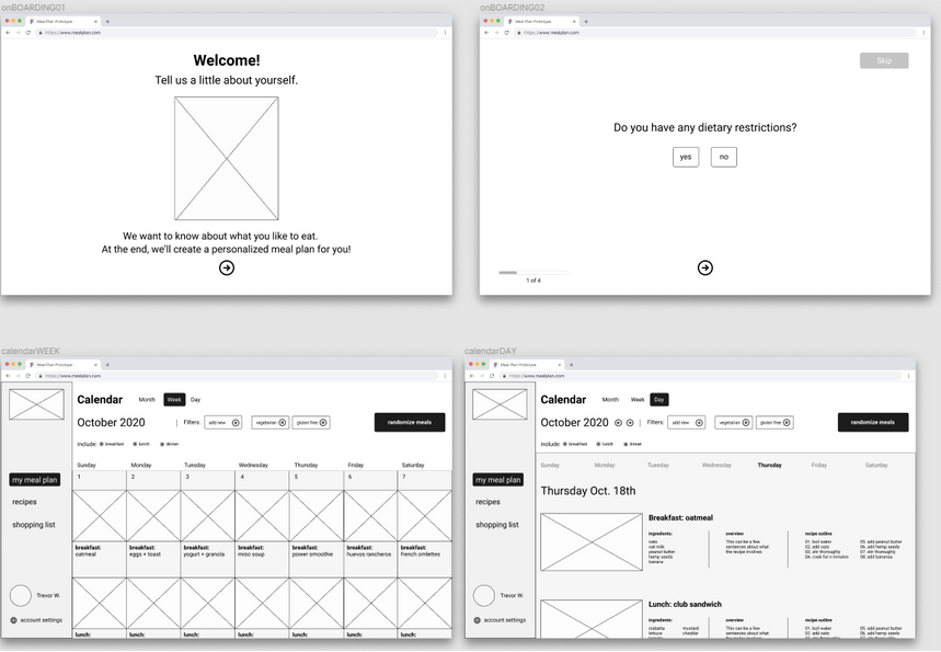 screenshots of some wireframes