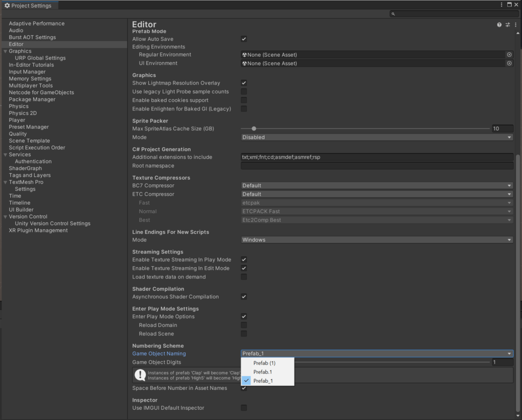 Screenshot of Project Settings with prefab numbering option